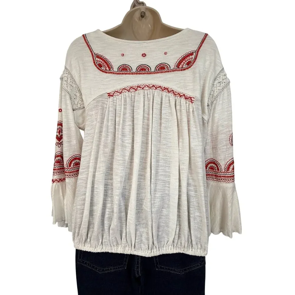 Free People Chiquita Ivory Peasant Top Orange Embroidery Flutter Bell Sleeves